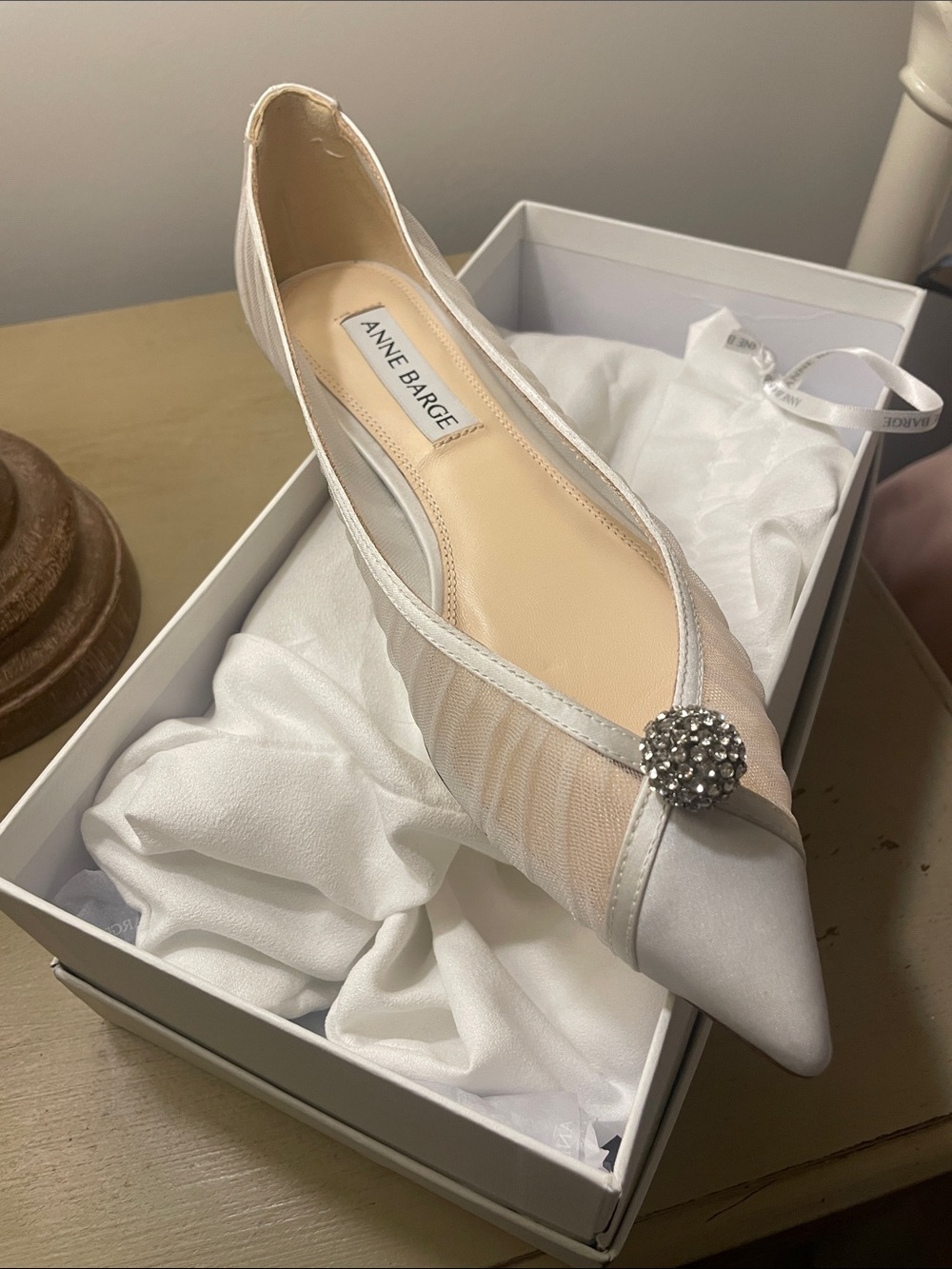 Ivory Pointed Toe Mesh Anne Barge Ballet Flat with Crystal Accent
